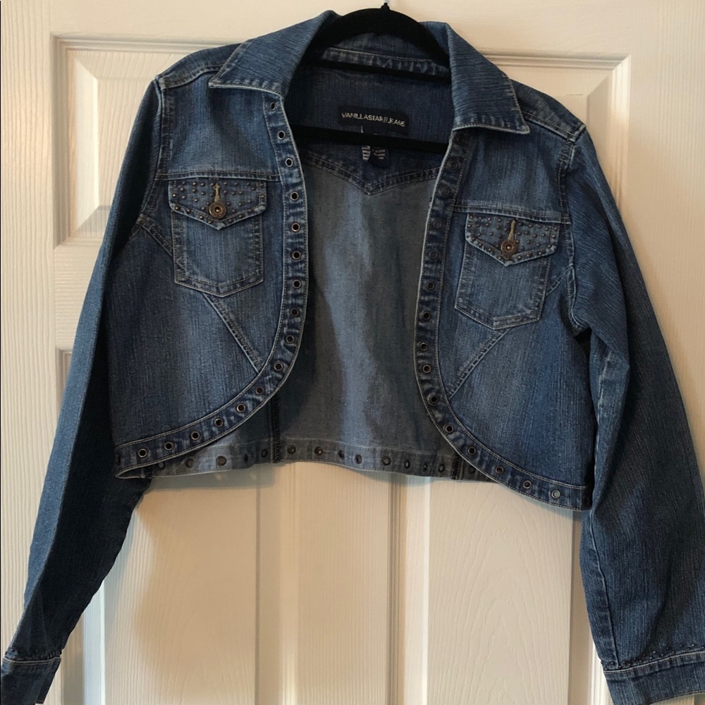 Vanilla Star Blue Cropped Eyelet-Trim Denim Jacket
